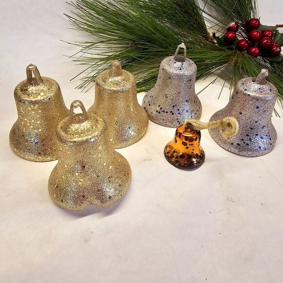 Vintage 6 Hard Plastic Gold Silver Glitter Bell Christmas Tree Ornaments Retro! - Picture 2 of 11